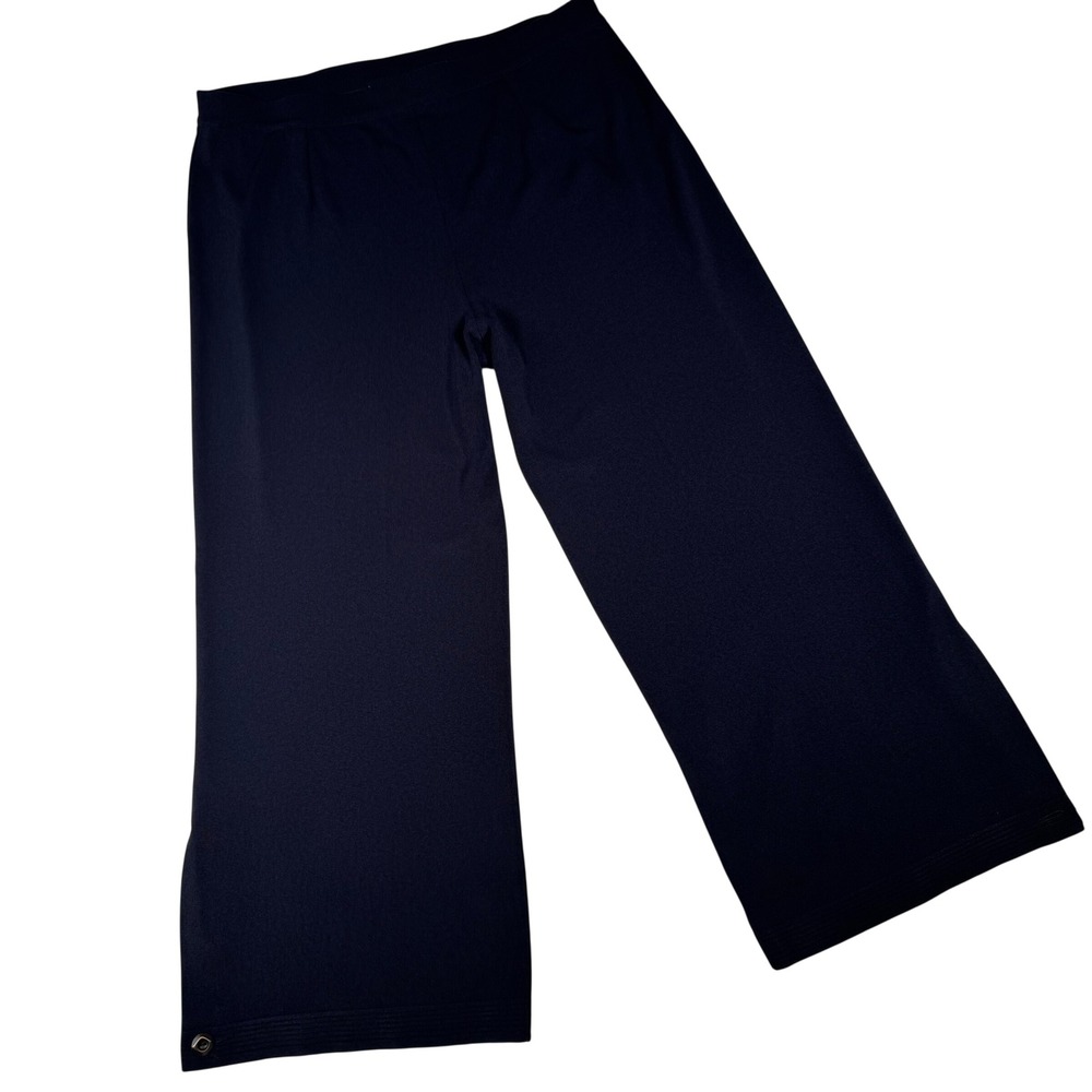 Misook Knit Pants Womens L Navy Blue Wide Leg Pull On Good Career Wear FLAW